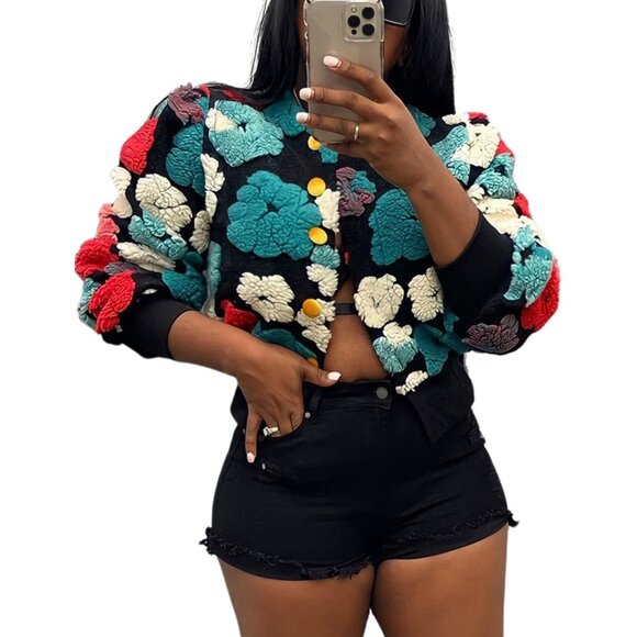 〽️Women's Red Flygo Cropped Floral Print Bomber Fleece Varsity Jacket
